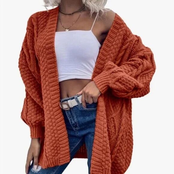 New Cable Knit Open Front Lantern Sleeves Chunky Sweater - Picture 3 of 4